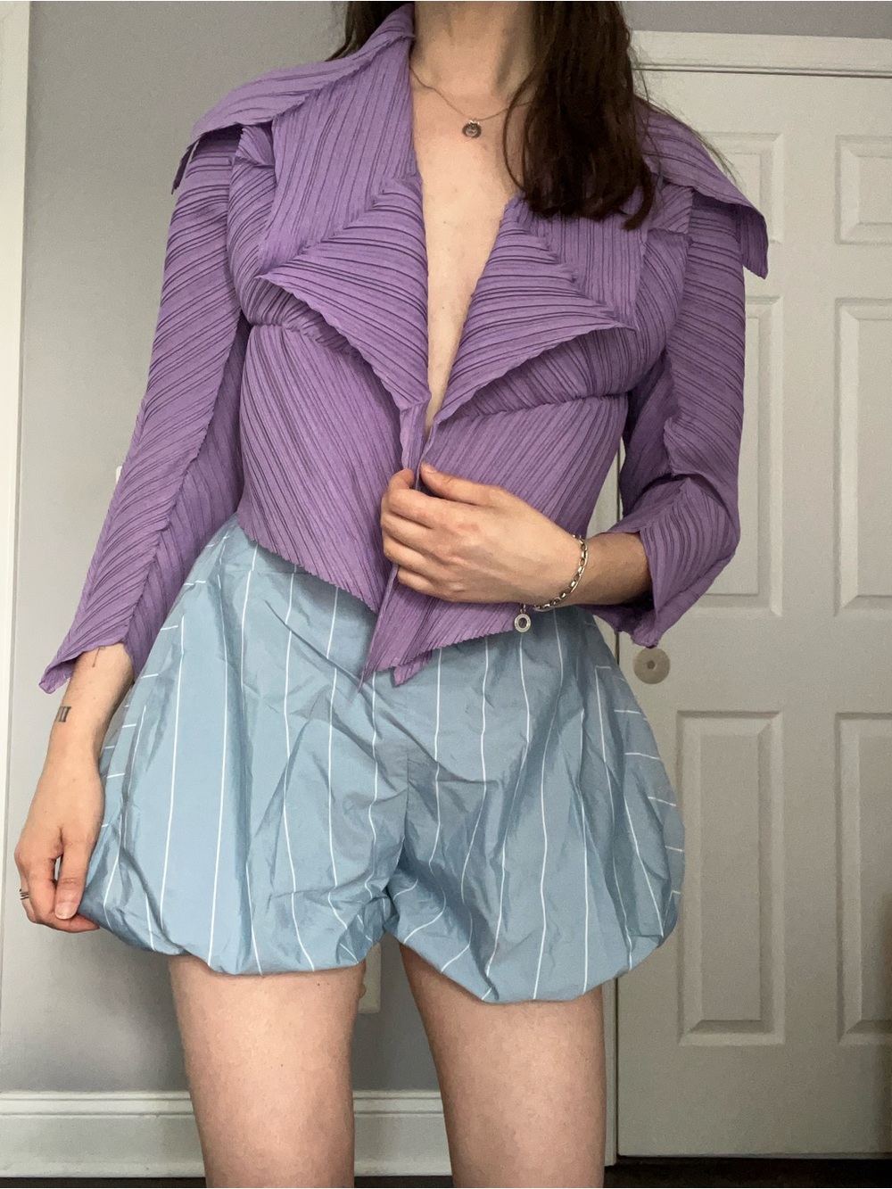 Tibi Striped Tech Poplin Bubble Short - Picture 2 of 7